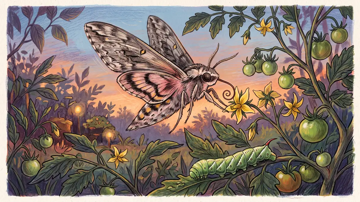 Large five-spotted hawk moth with mottled grey-brown wings hovering at dusk near tomato flowers, what a hornworm becomes