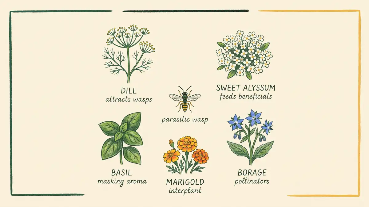 Infographic of companion plants for tomato hornworm control: dill attracts wasps, sweet alyssum feeds beneficials, basil masking, marigold interplant, borage pollinators