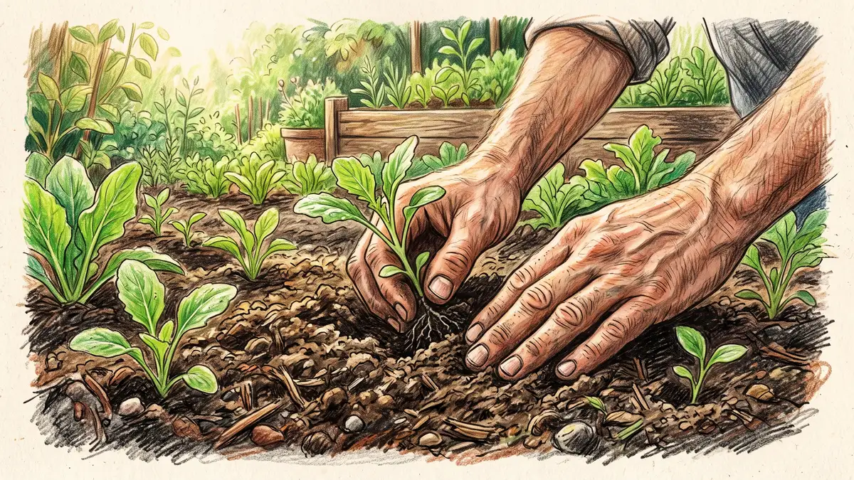 Hands gently working in rich dark soil among green seedlings in soft morning light, showing the tactile connection between hands and earth