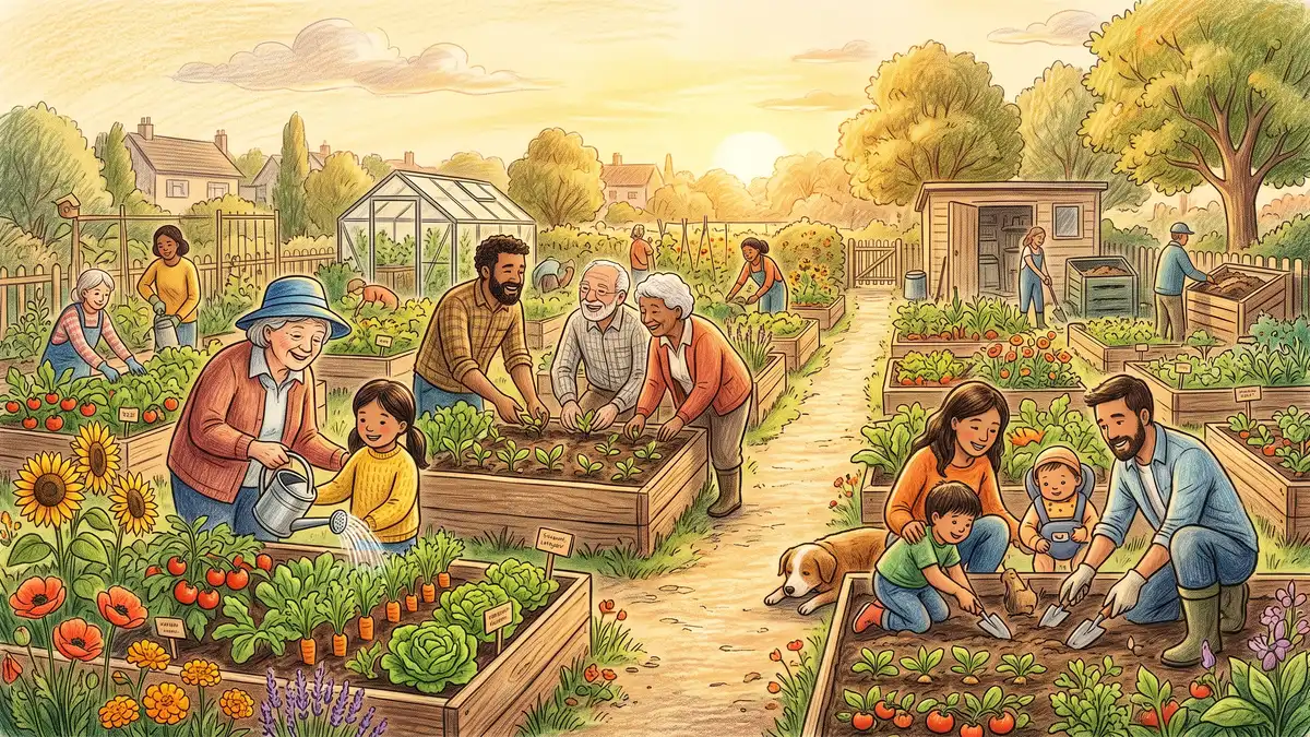 Lively community garden with people of different ages tending shared raised beds, chatting and smiling among vegetables and flowers