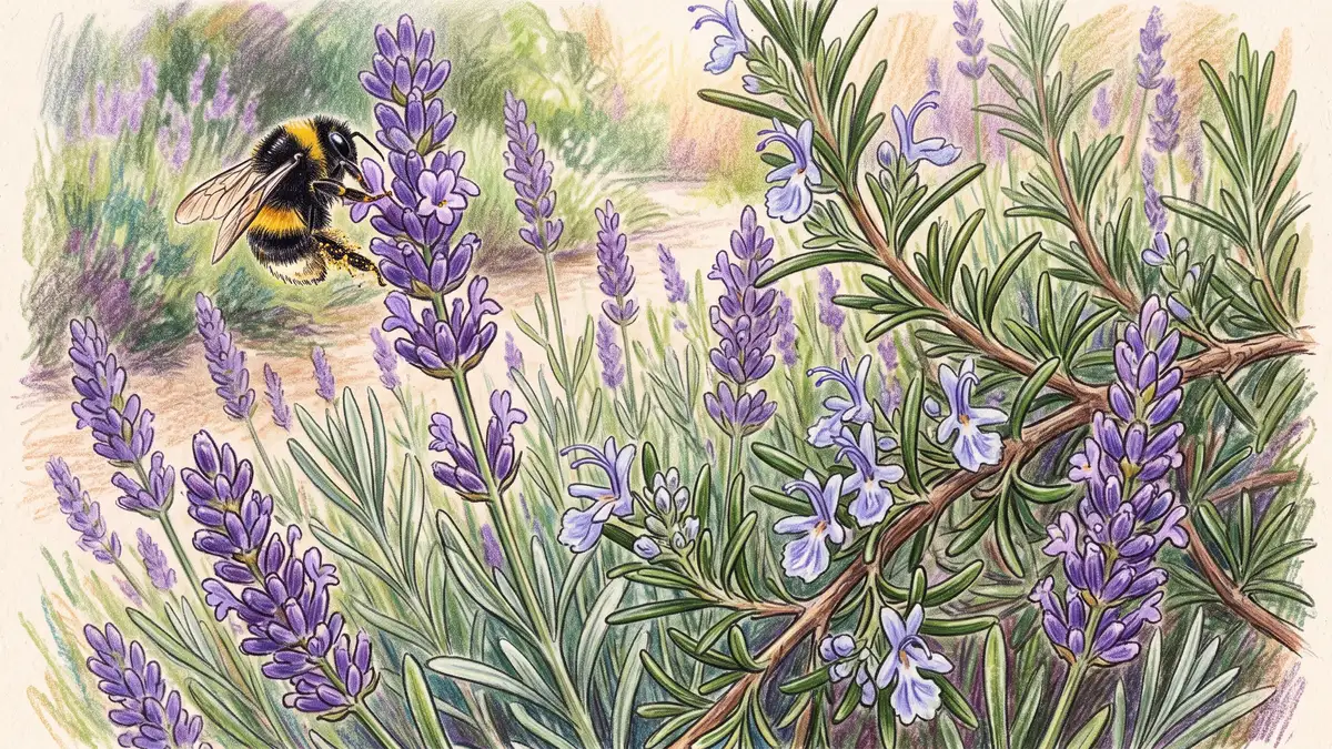 Close-up of fragrant flowering lavender and rosemary in a sensory herb garden with a bee in calming purple and green tones