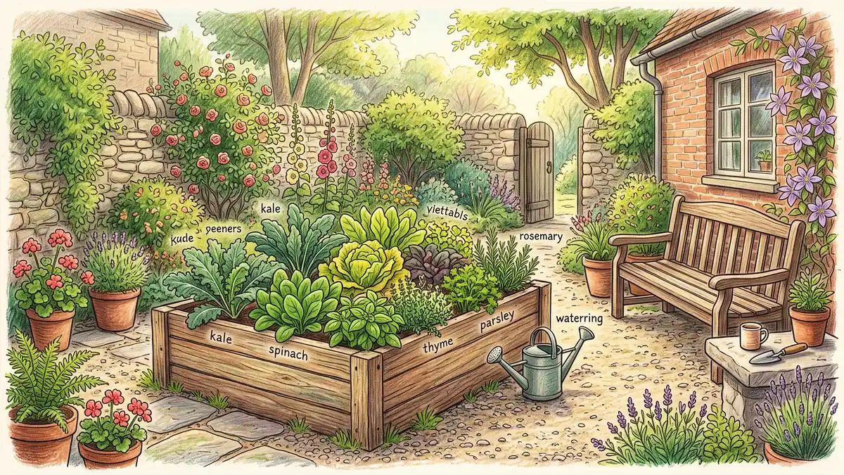 Accessible waist-high raised garden bed full of leafy greens and herbs with a comfortable bench beside it in a quiet green courtyard