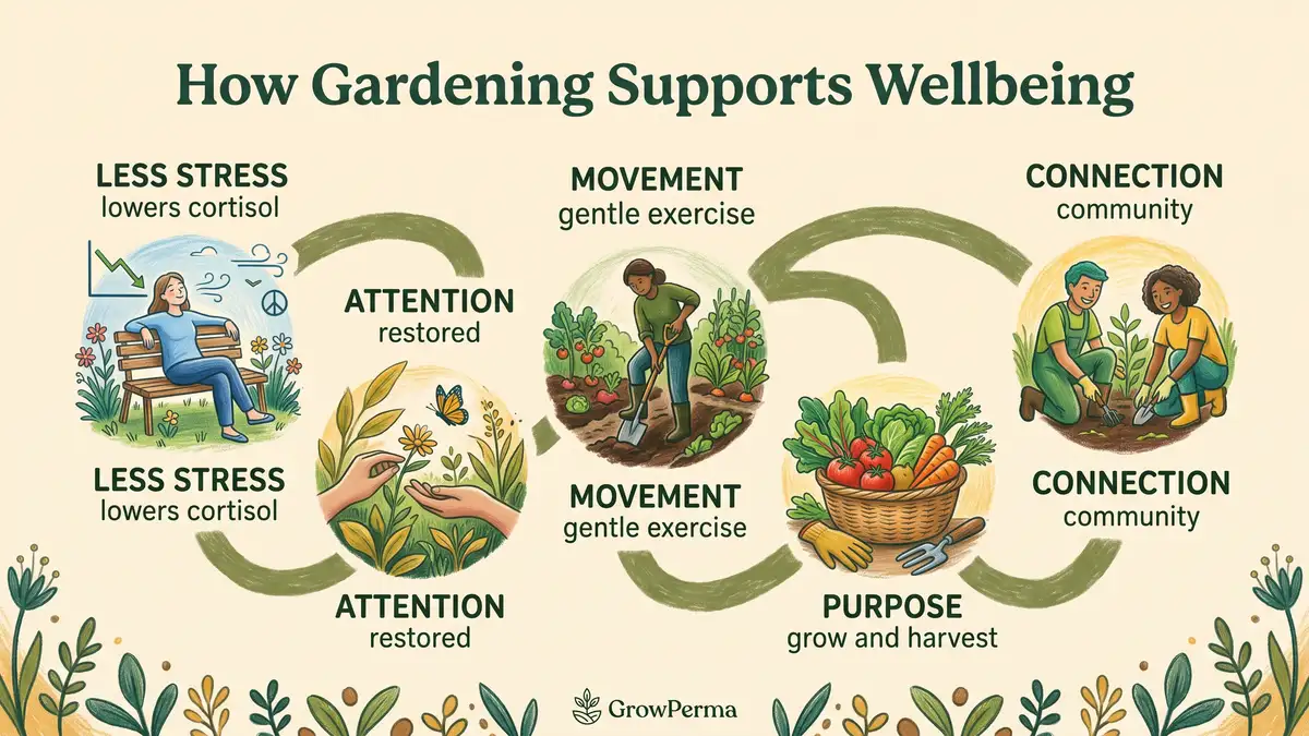 Infographic showing how gardening supports wellbeing: less stress lowers cortisol, attention restored, movement gentle exercise, purpose grow and harvest, connection community