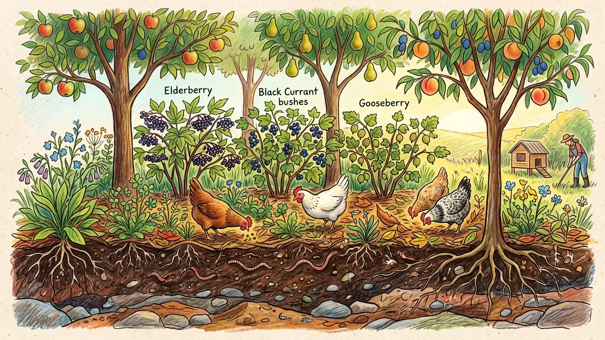 Hand-illustrated cross-section of a food forest with chickens foraging beneath fruit trees, elderberry shrubs, and comfrey ground cover across layered planting