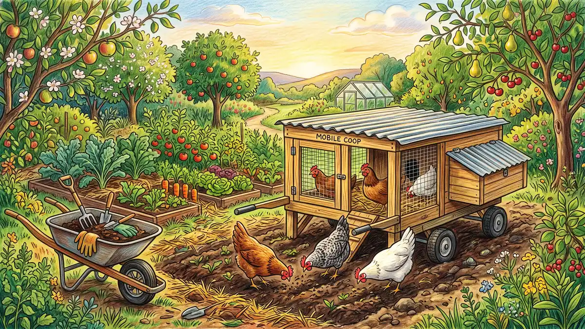Hand-illustrated portable chicken tractor on a garden bed with hens scratching and fertilizing soil, fruit trees and a wheelbarrow in the background