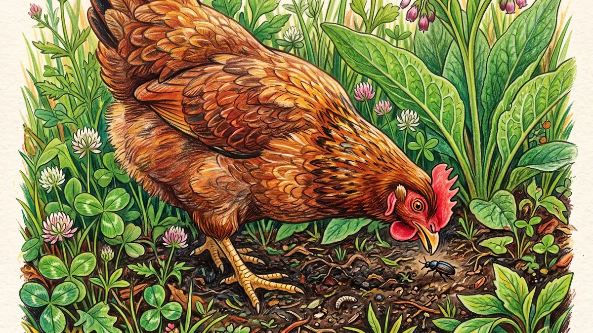 Hand-illustrated close-up of a brown hen pecking insects among green comfrey leaves and clover ground cover in rich dark soil