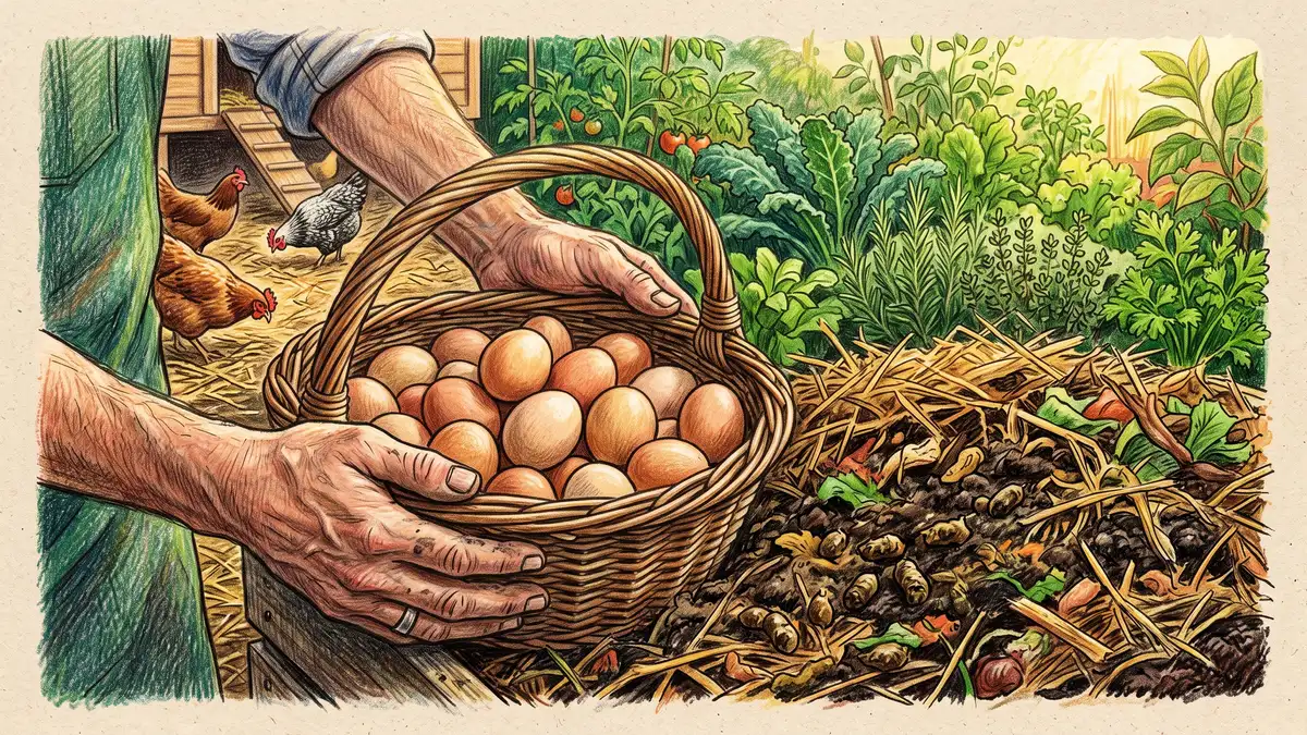 Hand-illustrated close-up of hands holding a basket of fresh brown eggs beside a compost pile rich with straw bedding and chicken manure