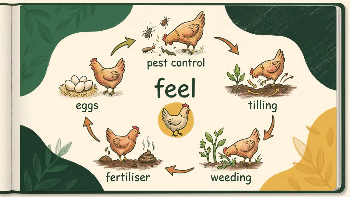 Hand-illustrated infographic showing the functions chickens provide in a food forest: pest control, fertilizer, weeding, tilling, and eggs