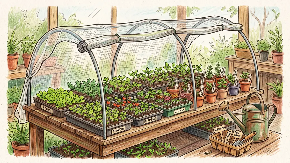 Hand-illustrated nursery bench with rows of seed-starting trays full of seedlings and small pots of rooted cuttings under a hoop cover