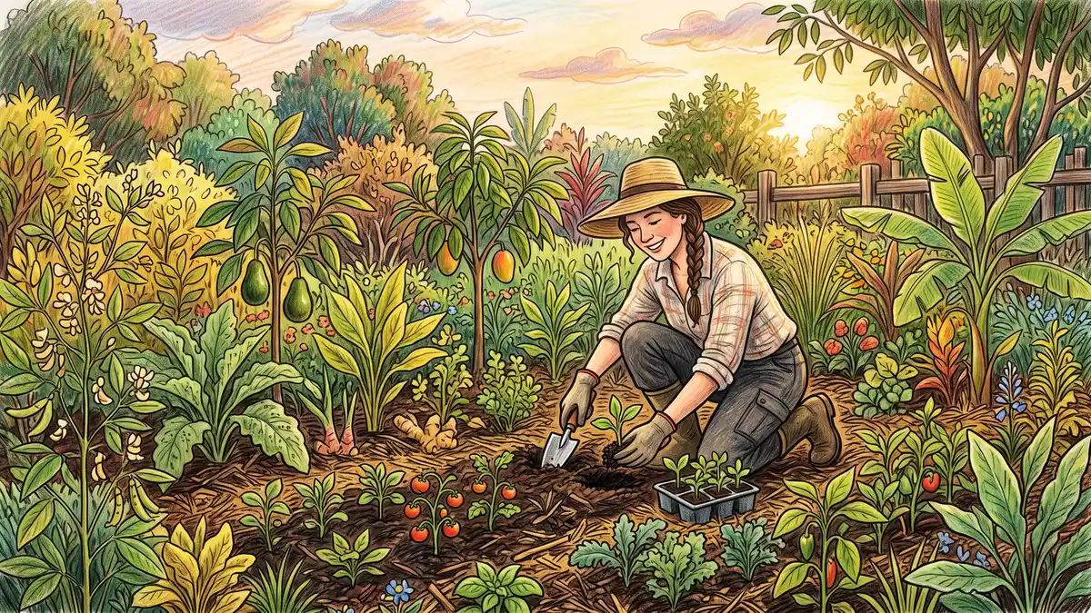 Hand-illustrated scene of a gardener planting nursery-grown seedlings densely into a syntropic bed with pigeon pea and comfrey between fruit tree saplings