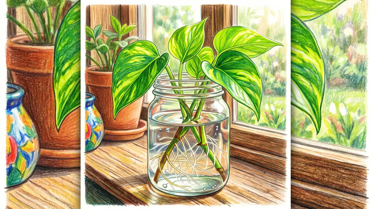 Hand-illustrated close-up of a green stem cutting rooting in a clear glass jar of water with fine white roots emerging