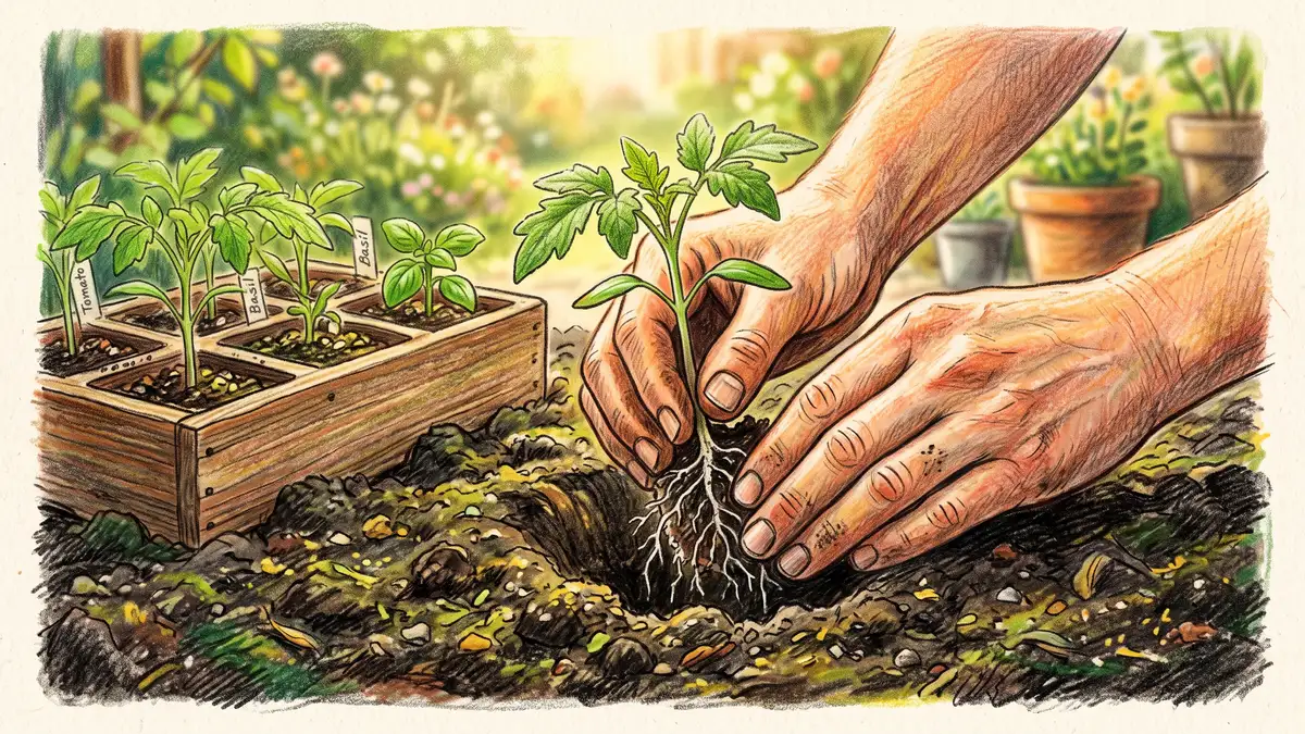 Hand-illustrated close-up of hands transplanting a young seedling from a seed tray into rich dark soil with delicate roots visible