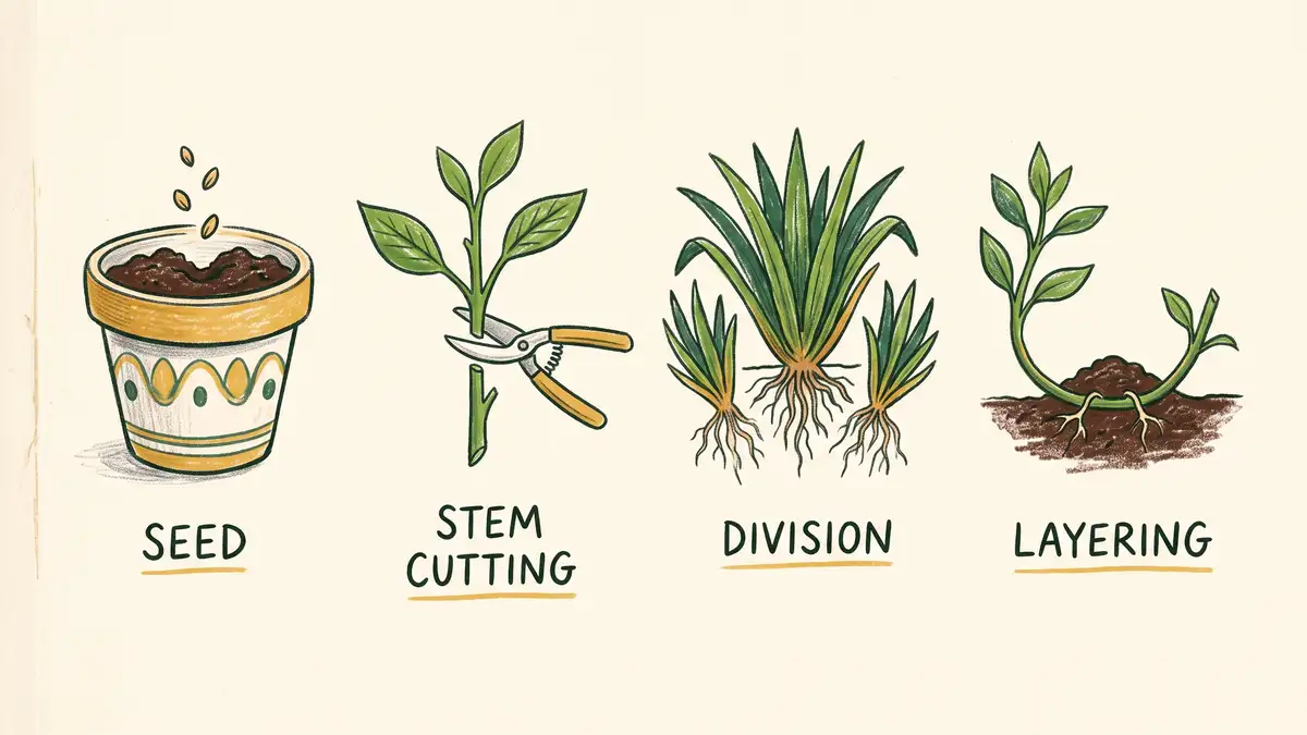 Hand-illustrated infographic of four plant propagation methods for a syntropic nursery: seed, stem cutting, division, and layering