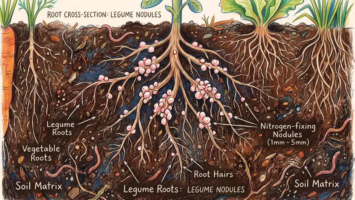 Hand-illustrated cross-section of legume roots in dark soil showing pink and white nitrogen-fixing nodules for companion planting nutrient cycling