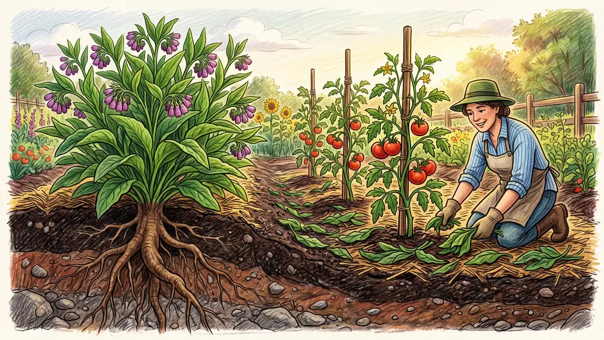Hand-illustrated garden scene of a leafy comfrey plant with a deep taproot and a gardener laying cut comfrey leaves as mulch around tomato plants