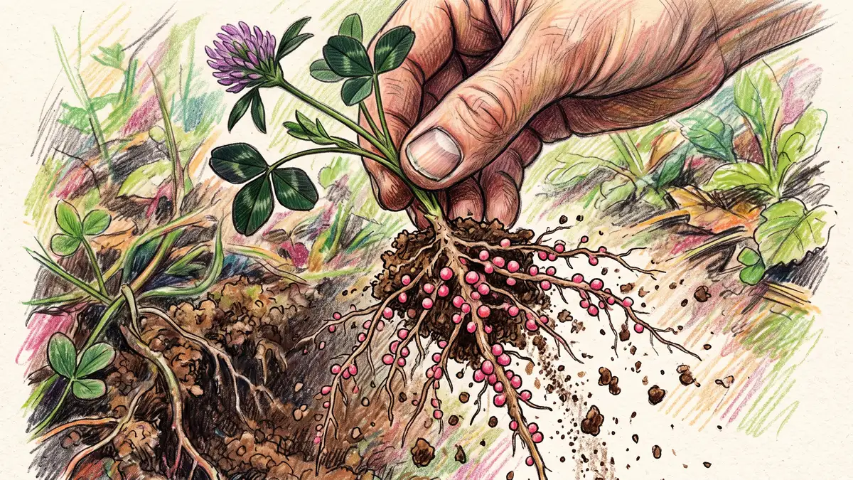 Hand-illustrated close-up of a clover root pulled from soil showing clusters of pink nitrogen-fixing nodules