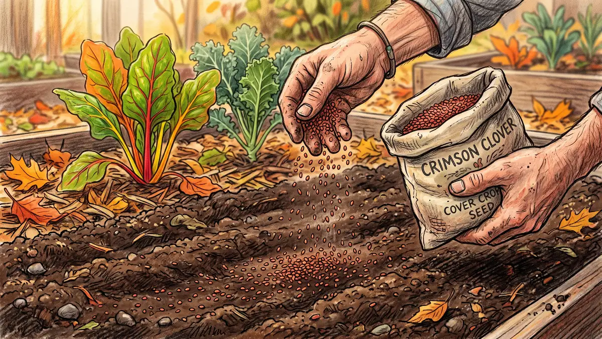 Hand-illustrated close-up of hands scattering crimson clover cover crop seed over a prepared garden bed in autumn light