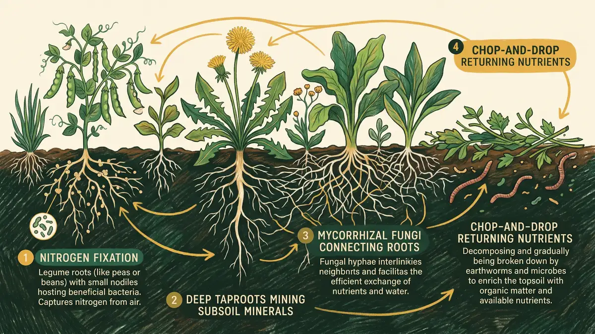 Hand-illustrated infographic of nutrient cycling in a companion-planted garden: nitrogen fixation, deep taproot mining, mycorrhizal fungi, and chop-and-drop return