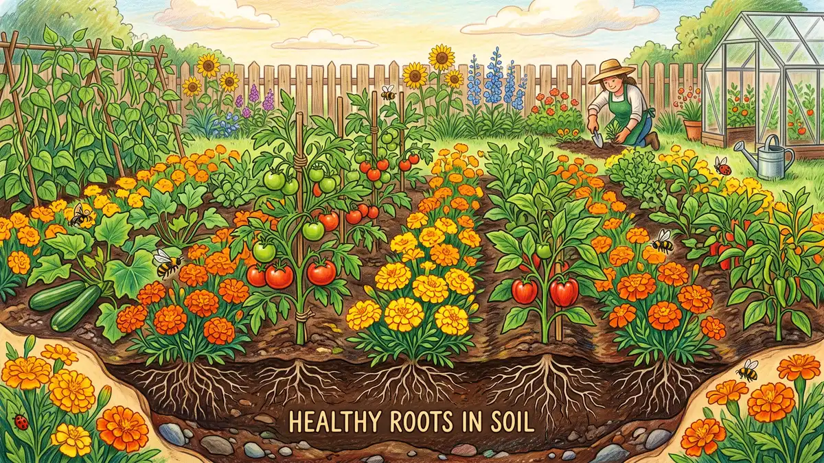 Hand-illustrated garden of orange marigolds (Tagetes) interplanted among tomato rows with a soil cutaway, illustrating companion planting research