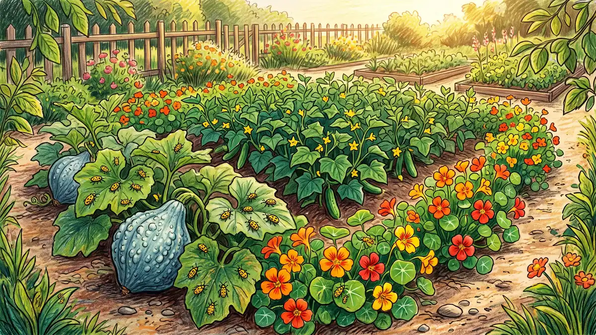 Hand-illustrated trap crop border of Blue Hubbard squash and nasturtiums around a main vegetable bed with cucumber beetles drawn to the trap plants