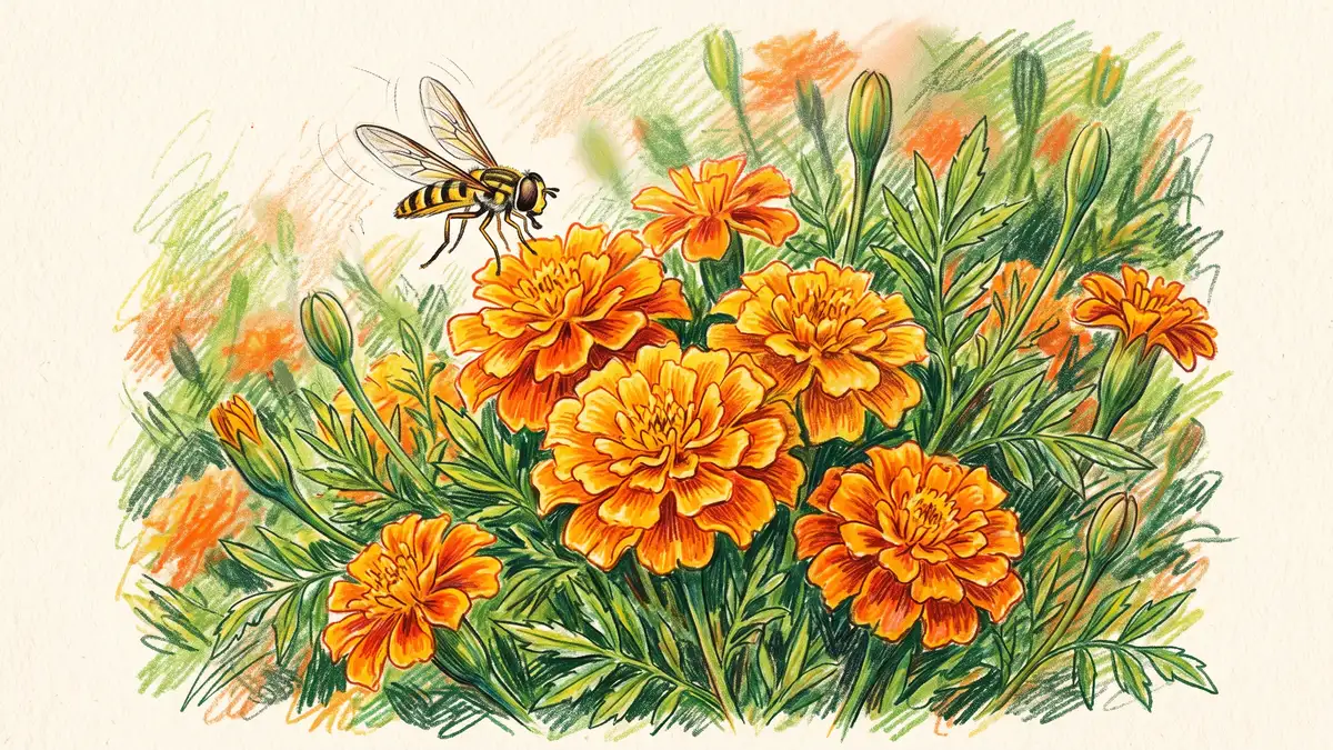 Hand-illustrated close-up of orange marigold flowers with a hoverfly, a beneficial insect drawn by insectary companion plants