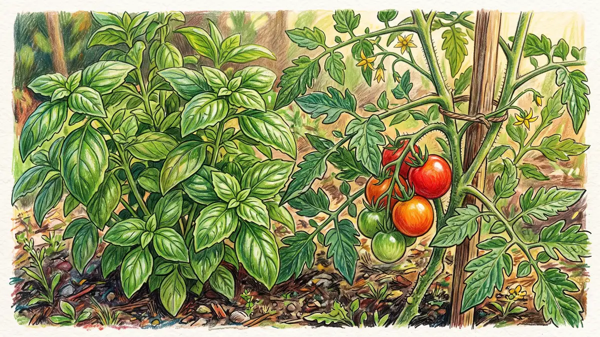 Hand-illustrated close-up of a leafy basil plant growing beside a ripening tomato, a classic but under-tested companion pairing