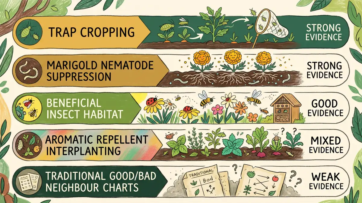 Hand-illustrated infographic ranking companion planting methods by evidence strength from trap cropping to good-bad neighbor charts