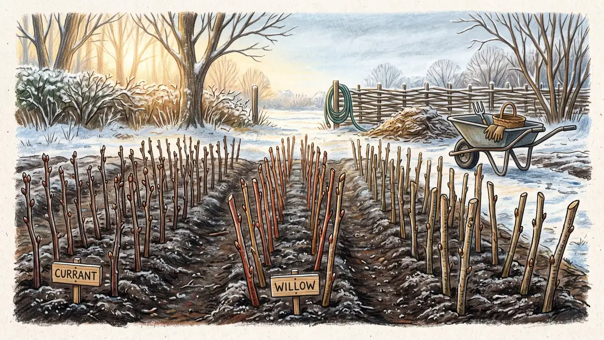 Hand-illustrated winter nursery bed of hardwood currant and willow cuttings pushed into dark soil in rows, propagating your own plants for permaculture
