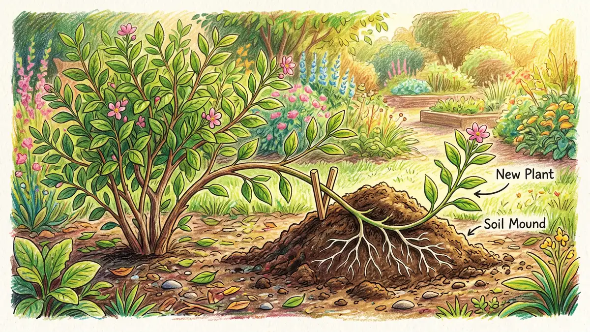 Hand-illustrated demonstration of simple layering: a shrub branch pegged into soil and rooting while still attached to the parent plant