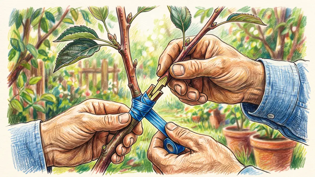 Hand-illustrated close-up of hands performing a whip-and-tongue graft, joining a scion to a rootstock and wrapping with grafting tape
