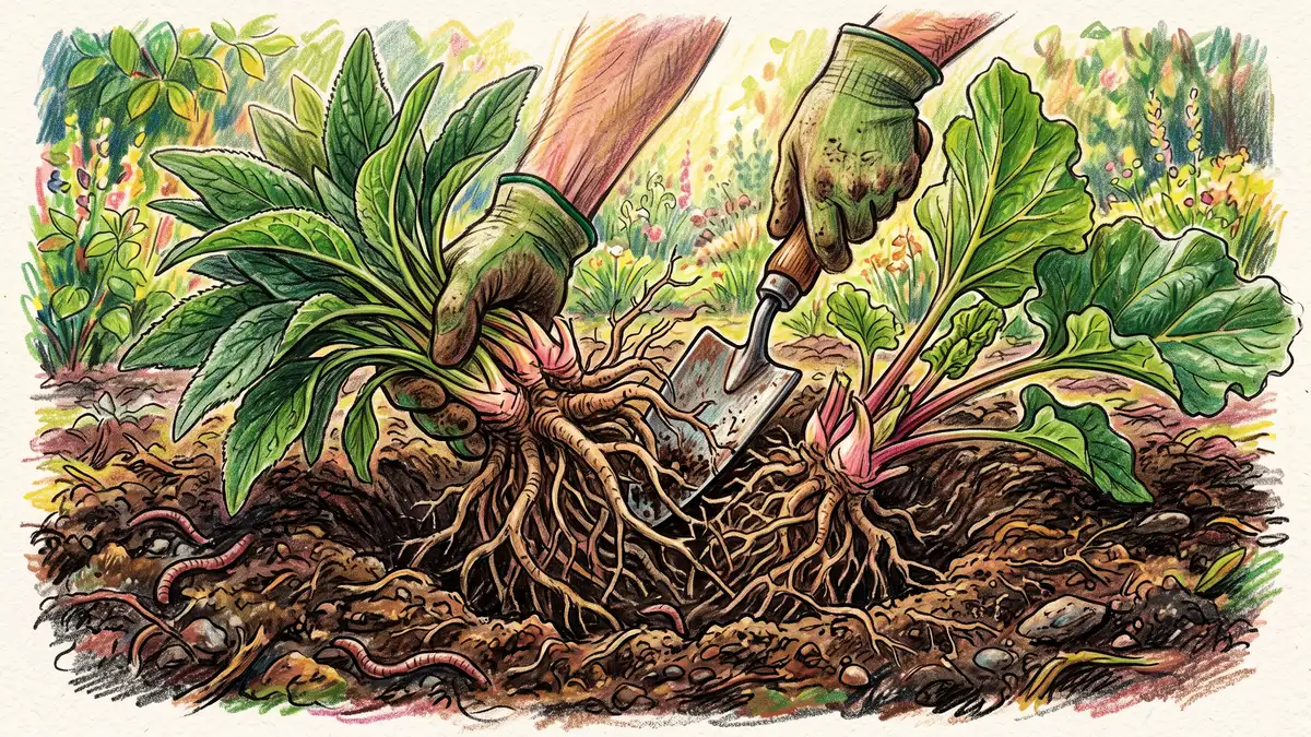 Hand-illustrated close-up of hands dividing a clump of comfrey or rhubarb with a spade into new plants