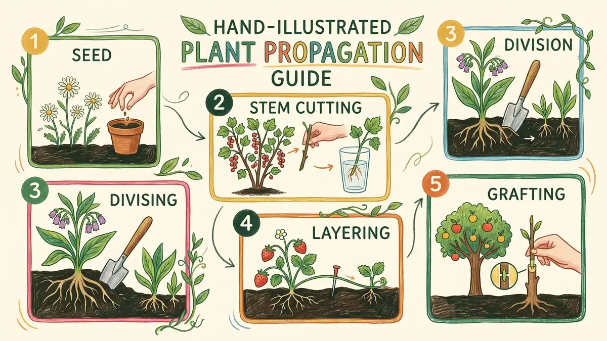 Hand-illustrated infographic matching propagation methods to plants: seed, stem cutting, division, layering, and grafting