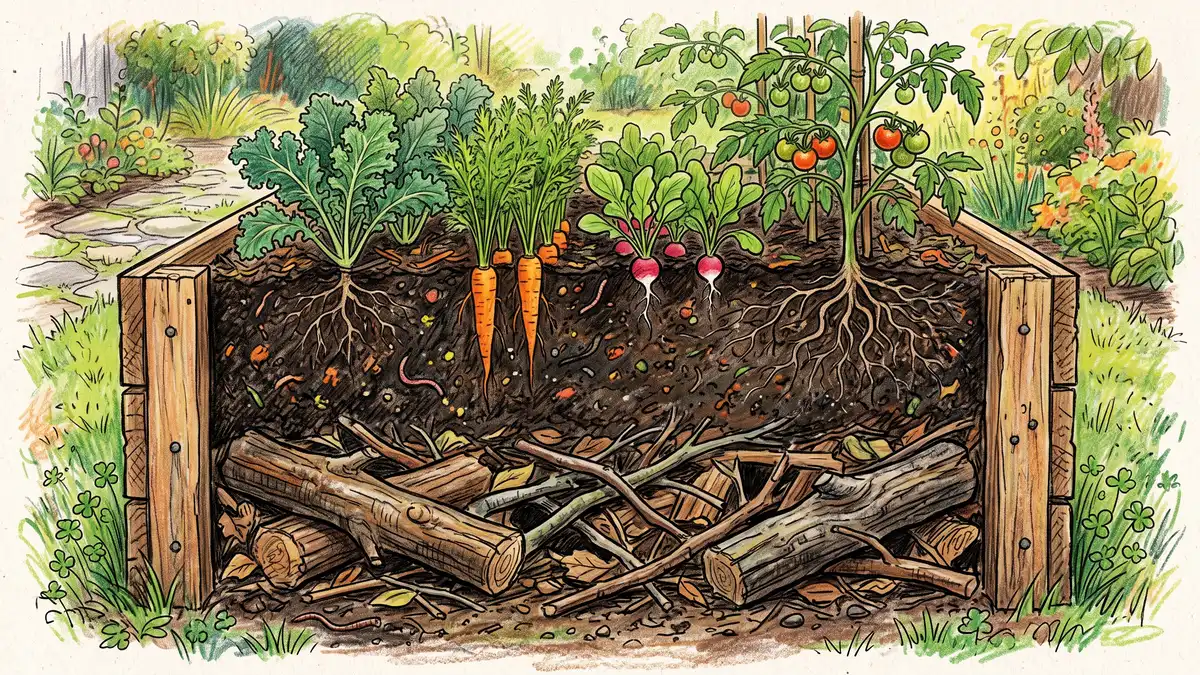 Hand-illustrated cross-section of a filled raised garden bed showing rich dark soil mix on top with vegetable roots over a bottom layer of logs and leaves
