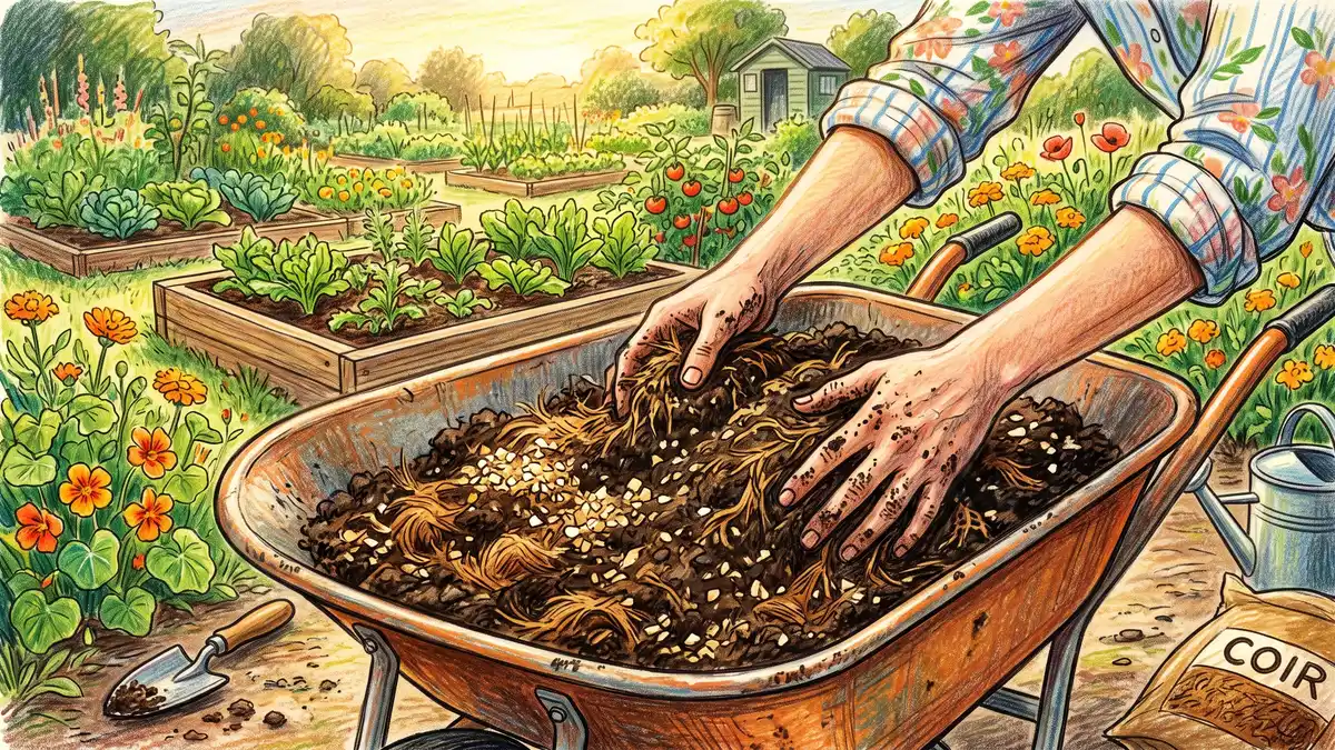 Hand-illustrated hands mixing compost, coconut coir, and vermiculite in a wheelbarrow to build raised bed soil mix