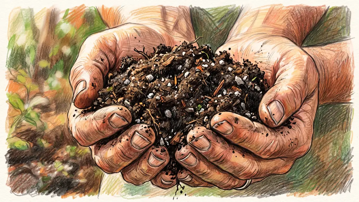 Hand-illustrated close-up of two hands holding crumbly dark rich raised bed soil mix with visible compost and vermiculite
