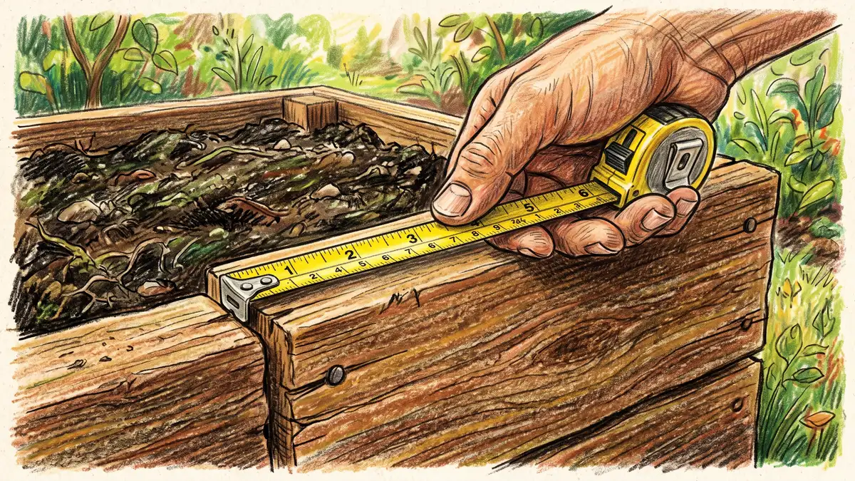Hand-illustrated close-up of a hand using a tape measure across the edge of a wooden raised garden bed to calculate soil volume