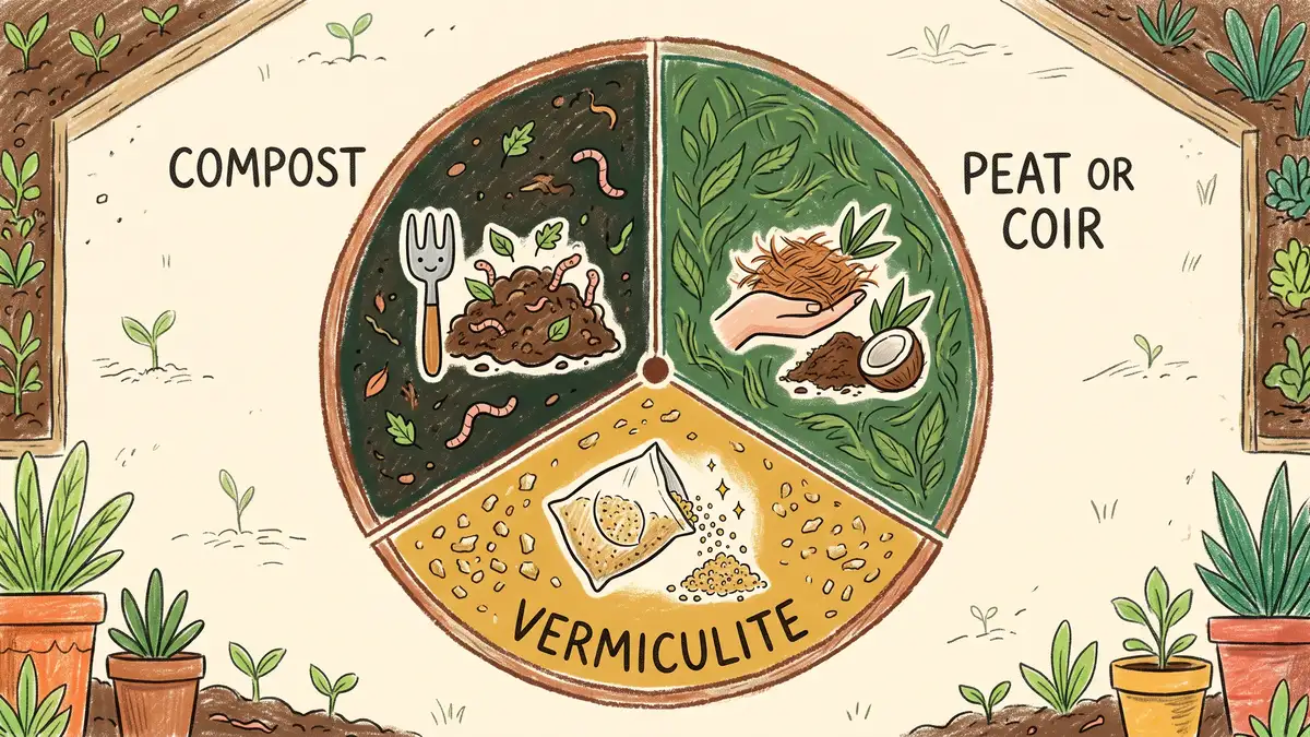 Hand-illustrated pie chart infographic of the classic raised bed soil recipe in equal thirds: compost, coir or peat, and coarse vermiculite