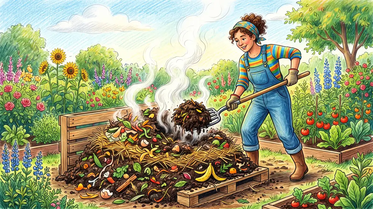 Hand-illustrated home gardener turning a steaming hot compost pile with a garden fork, warm vapor rising from the dark freshly turned compost