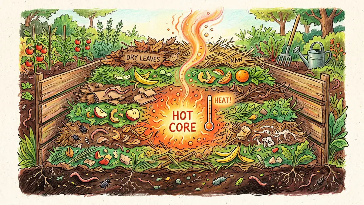 Hand-illustrated cross-section of a layered compost pile with brown carbon layers and green nitrogen layers around a warm glowing hot core