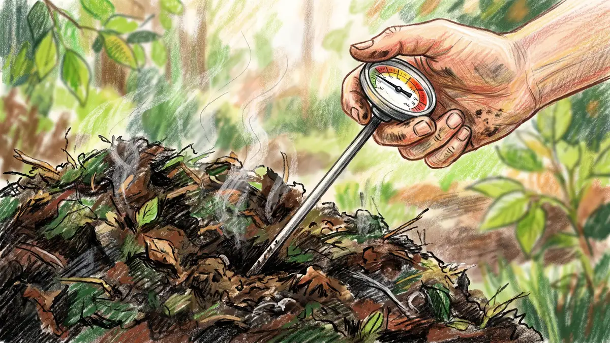 Hand-illustrated close-up of a hand inserting a long-stem dial compost thermometer deep into a dark steaming compost pile