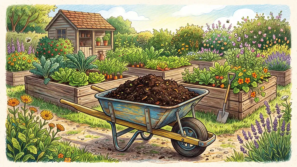 Hand-illustrated wheelbarrow full of finished dark crumbly mature compost that looks like rich chocolate soil in a sunny garden