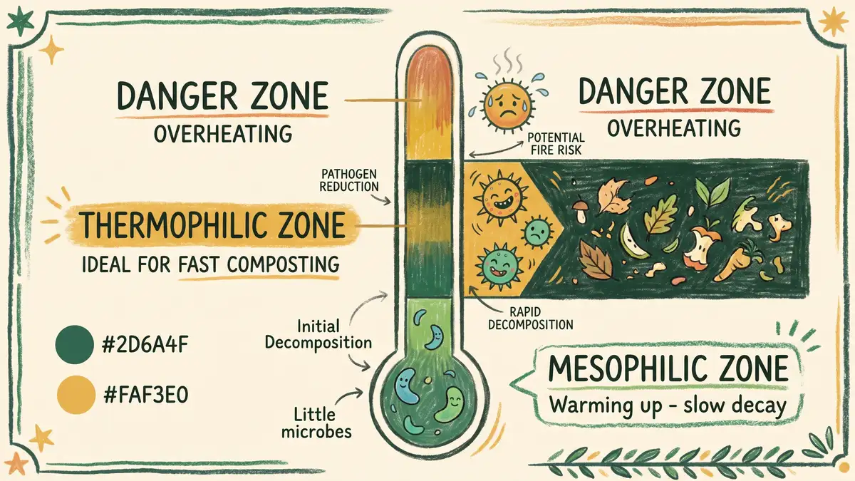 Hand-illustrated infographic of compost temperature zones on a vertical thermometer showing cool mesophilic, hot thermophilic target, and overheating danger bands