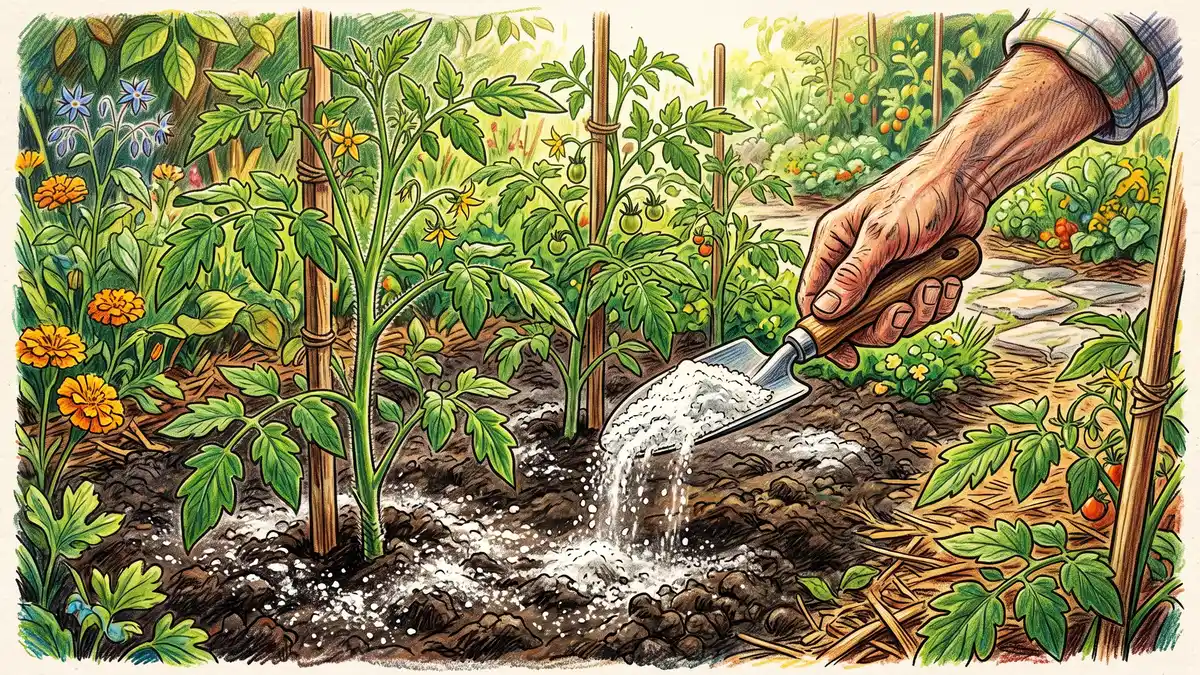 Hand-illustrated gardener scattering white powdered gypsum and lime amendment onto dark soil at the base of tomato plants