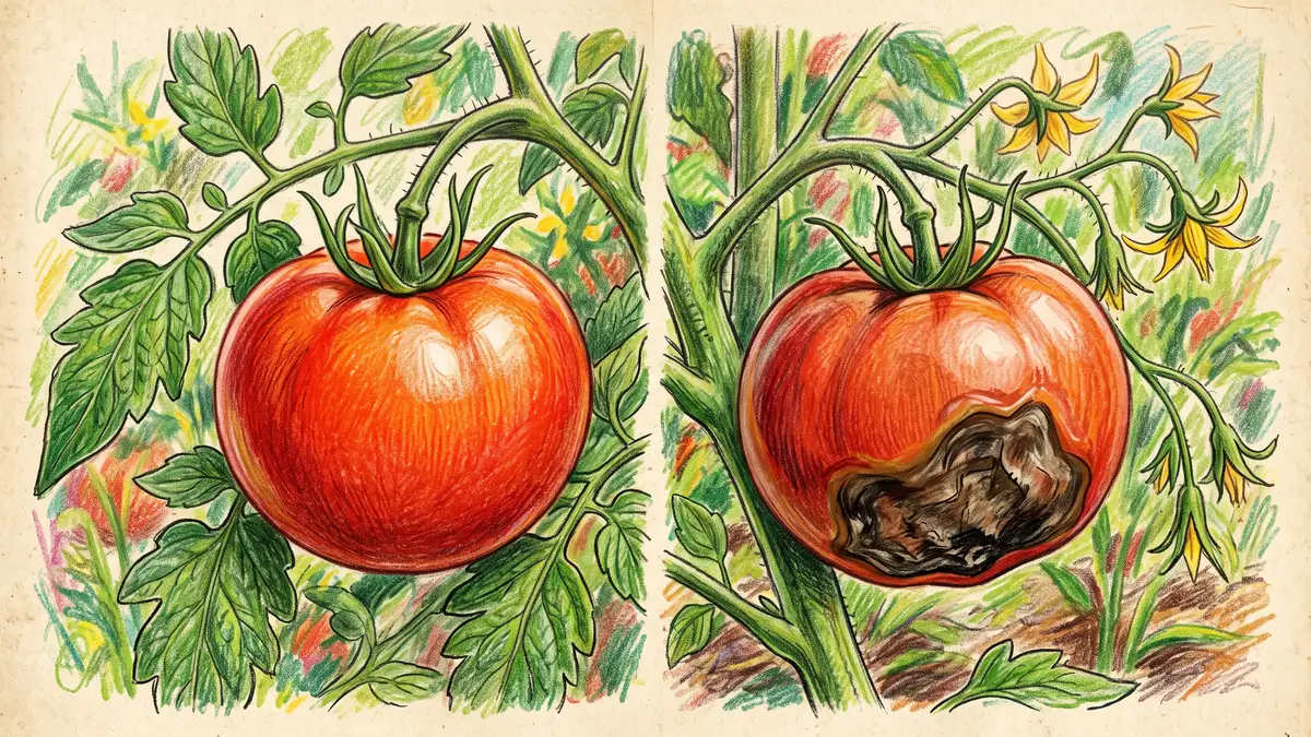 Hand-illustrated comparison of a healthy tomato beside one showing a dark sunken leathery patch of blossom end rot on its base