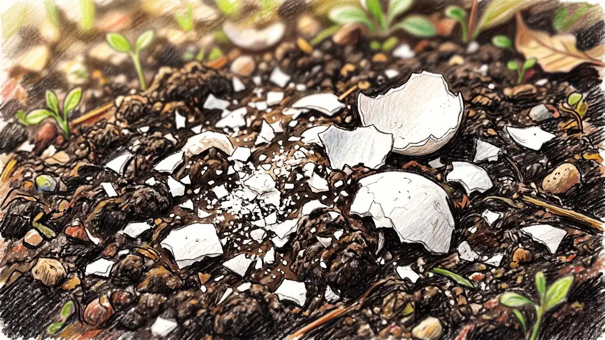 Hand-illustrated close-up of crushed white eggshell fragments scattered on dark rich garden soil, some fine and some in larger pieces