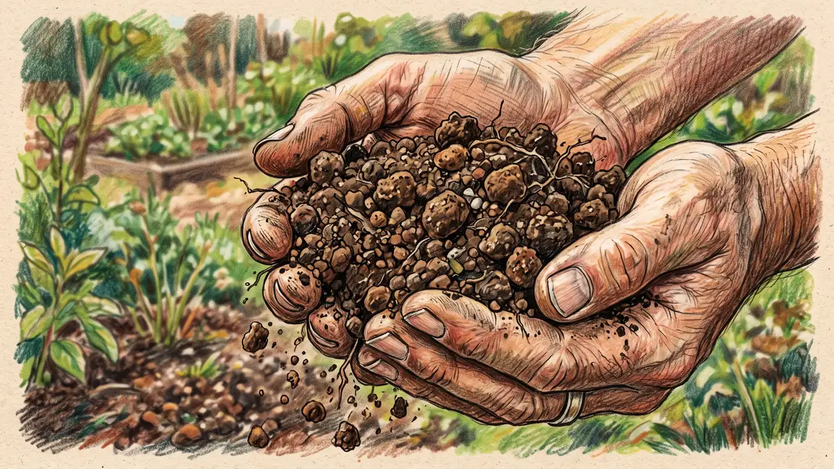 Hand-illustrated close-up of two hands holding a clump of well-structured crumbly clay garden soil breaking into rounded aggregates