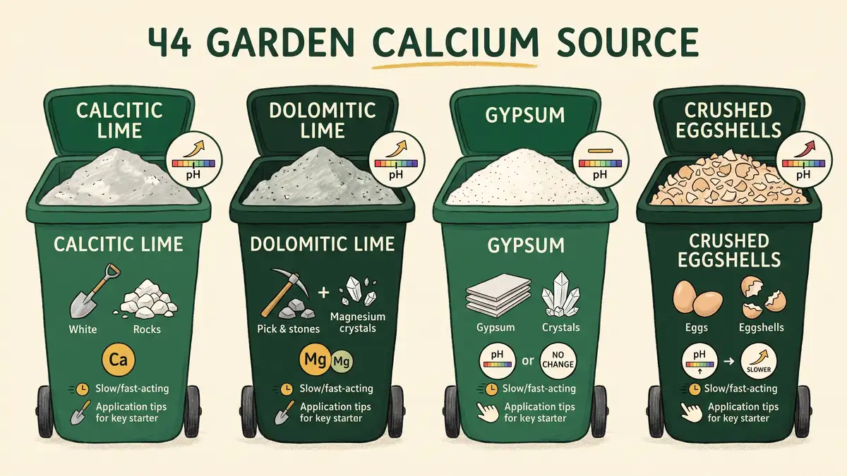 Hand-illustrated infographic comparing four garden calcium sources: calcitic lime, dolomitic lime, gypsum, and crushed eggshells, and whether each changes soil pH