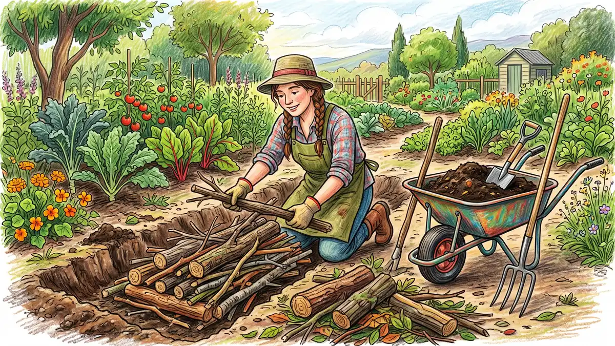Hand-illustrated gardener stacking logs and branches into a shallow trench to begin building a hugelkultur wood core garden bed