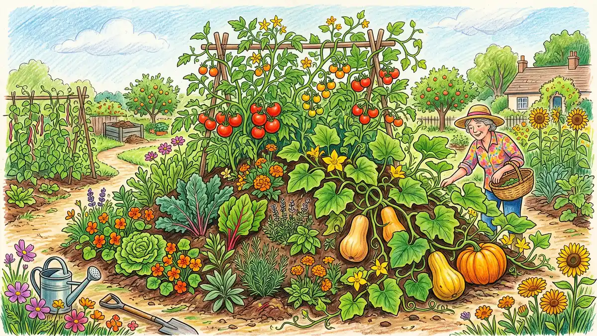 Hand-illustrated mature thriving hugelkultur mound bed covered in lush vegetables and flowers with tomatoes and squash growing vigorously