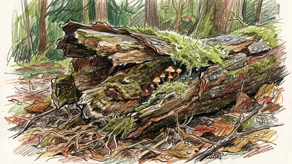 Hand-illustrated close-up of a partly decayed damp log with soft spongy rotting wood and small mushrooms, moisture visible